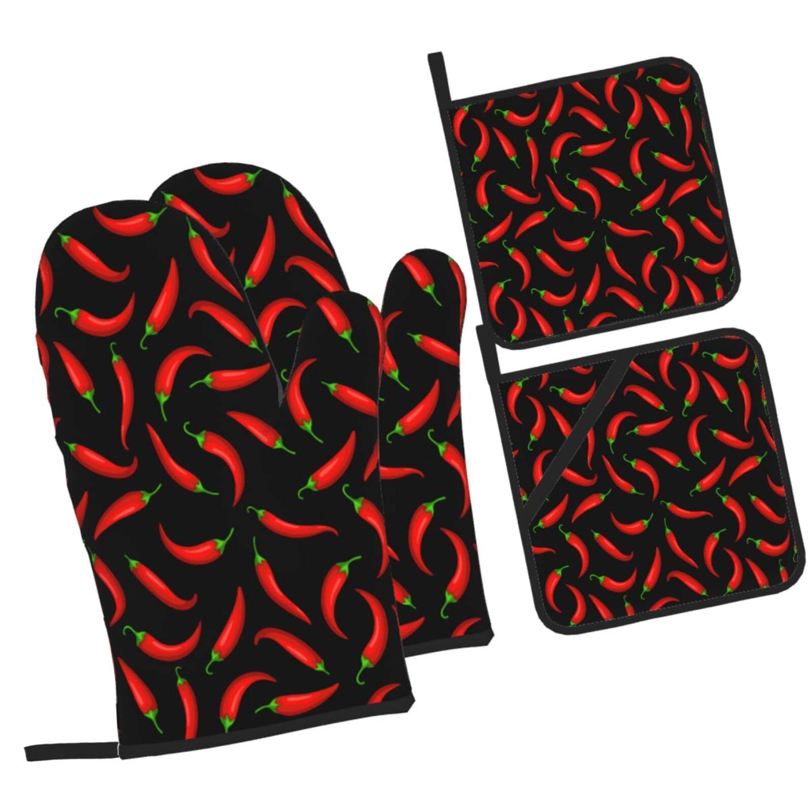 BOKEKANG Chili Peppers Pattern Oven Mitts and Pot Holders Sets of 4 Kitchen Mitts Heat Resistant Oven Gloves Set Potholders for Kitchen Baking Grilling BBQ