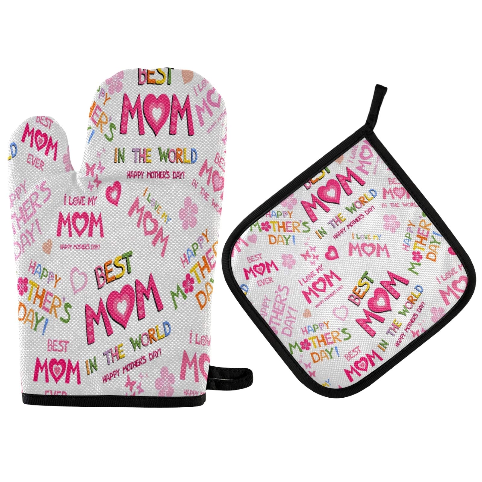 Mother's Day Quote Oven Mitts and Pot Holders Sets I Love You Mom Hot Pads Heat Resistant Cooking Gloves Handling Kitchen Cookware Bakeware BBQ