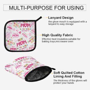 Mother's Day Quote Oven Mitts and Pot Holders Sets I Love You Mom Hot Pads Heat Resistant Cooking Gloves Handling Kitchen Cookware Bakeware BBQ