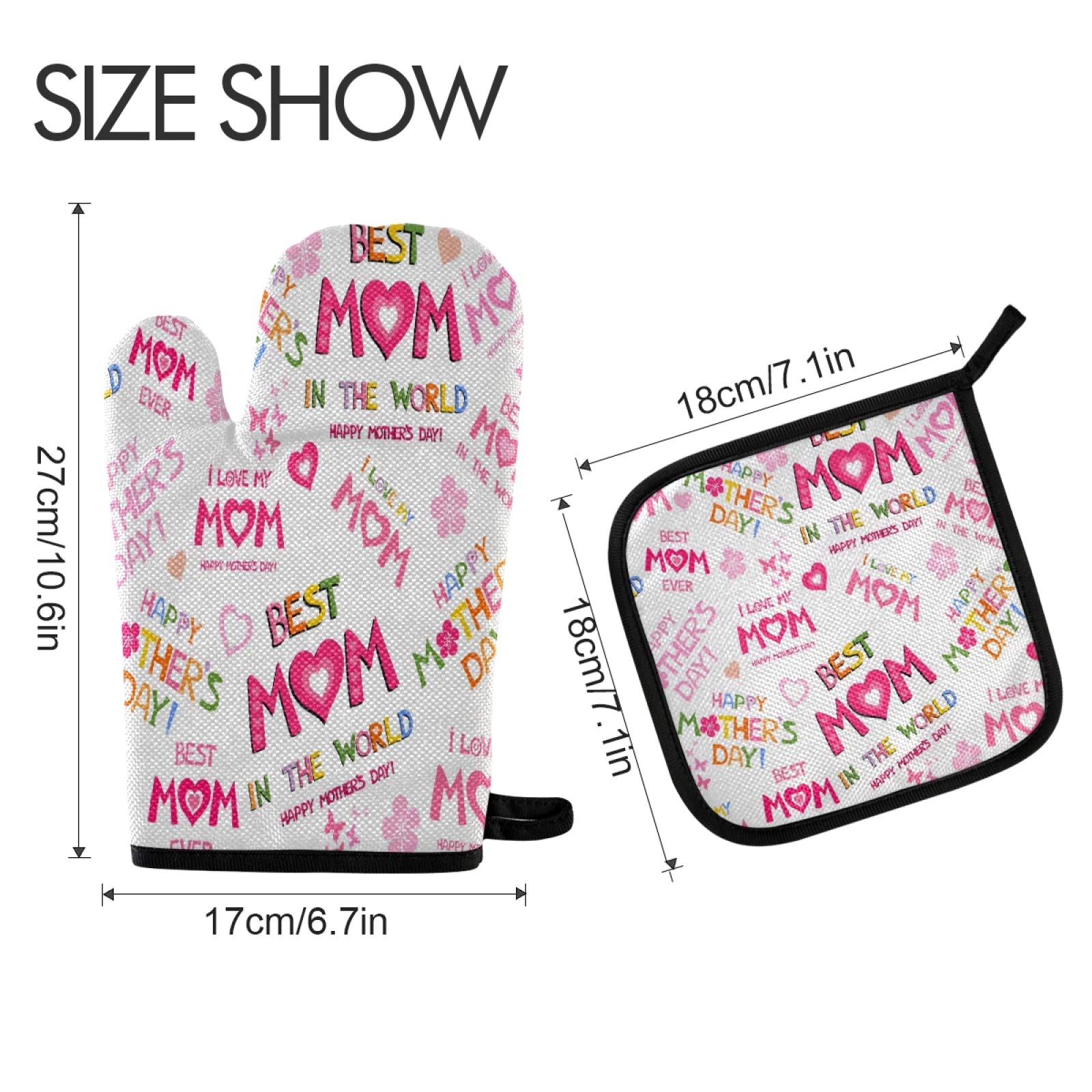 Mother's Day Quote Oven Mitts and Pot Holders Sets I Love You Mom Hot Pads Heat Resistant Cooking Gloves Handling Kitchen Cookware Bakeware BBQ