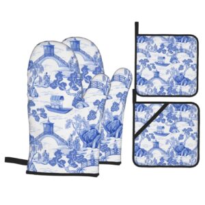 blue chinoiserie pagoda white oven mitts and pot holders set of 4, oven mittens and potholders heat resistant gloves for kitchen cooking baking grilling bbq
