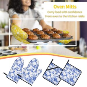 Blue Chinoiserie Pagoda White Oven Mitts and Pot Holders Set of 4, Oven Mittens and Potholders Heat Resistant Gloves for Kitchen Cooking Baking Grilling BBQ