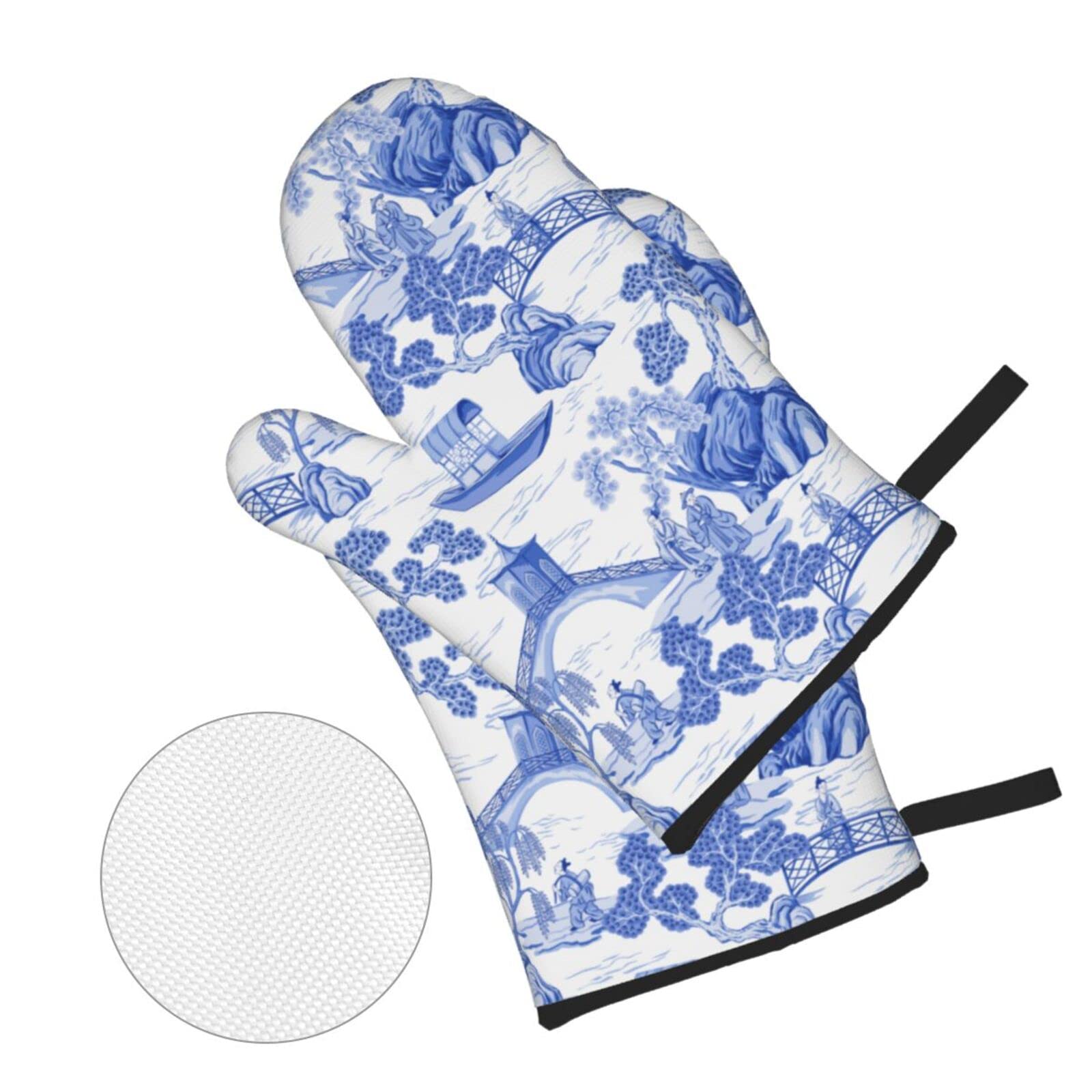 Blue Chinoiserie Pagoda White Oven Mitts and Pot Holders Set of 4, Oven Mittens and Potholders Heat Resistant Gloves for Kitchen Cooking Baking Grilling BBQ
