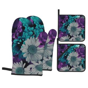 yilequan purple and teal flowers print oven mitts pot holders sets,kitchen glove high heat resistant 500 degree potholder,surface safe for baking, cooking, bbq,pack of 4 one size
