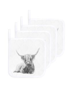 4 pack pot holders for kitchen,highland cow portrait heat proof potholder hot pads trivet,scotland scottish animal washable coaster potholders for cooking baking grilling