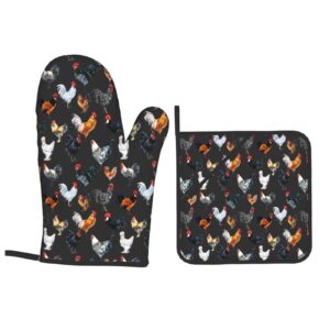DONMYER Chicken Oven Mitts and Pot Holders Sets of 4 Rooster Oven Gloves Set Cock Kitchen Mitts Heat Resistant Farmhouse Potholders for Kitchen Baking Grilling
