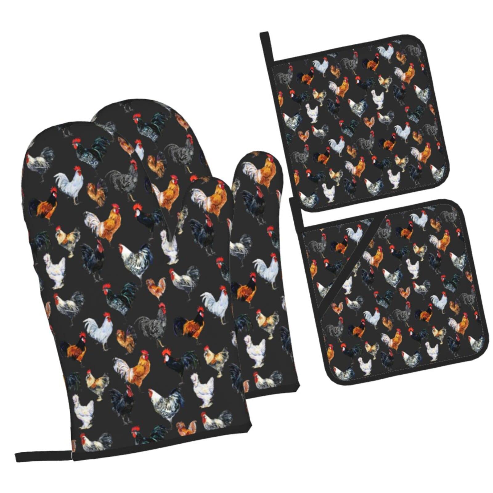 DONMYER Chicken Oven Mitts and Pot Holders Sets of 4 Rooster Oven Gloves Set Cock Kitchen Mitts Heat Resistant Farmhouse Potholders for Kitchen Baking Grilling