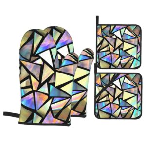 iridescent bright triangles oven mitts and pot holders set of 4, oven mittens and potholders heat resistant gloves for kitchen cooking baking grilling bbq