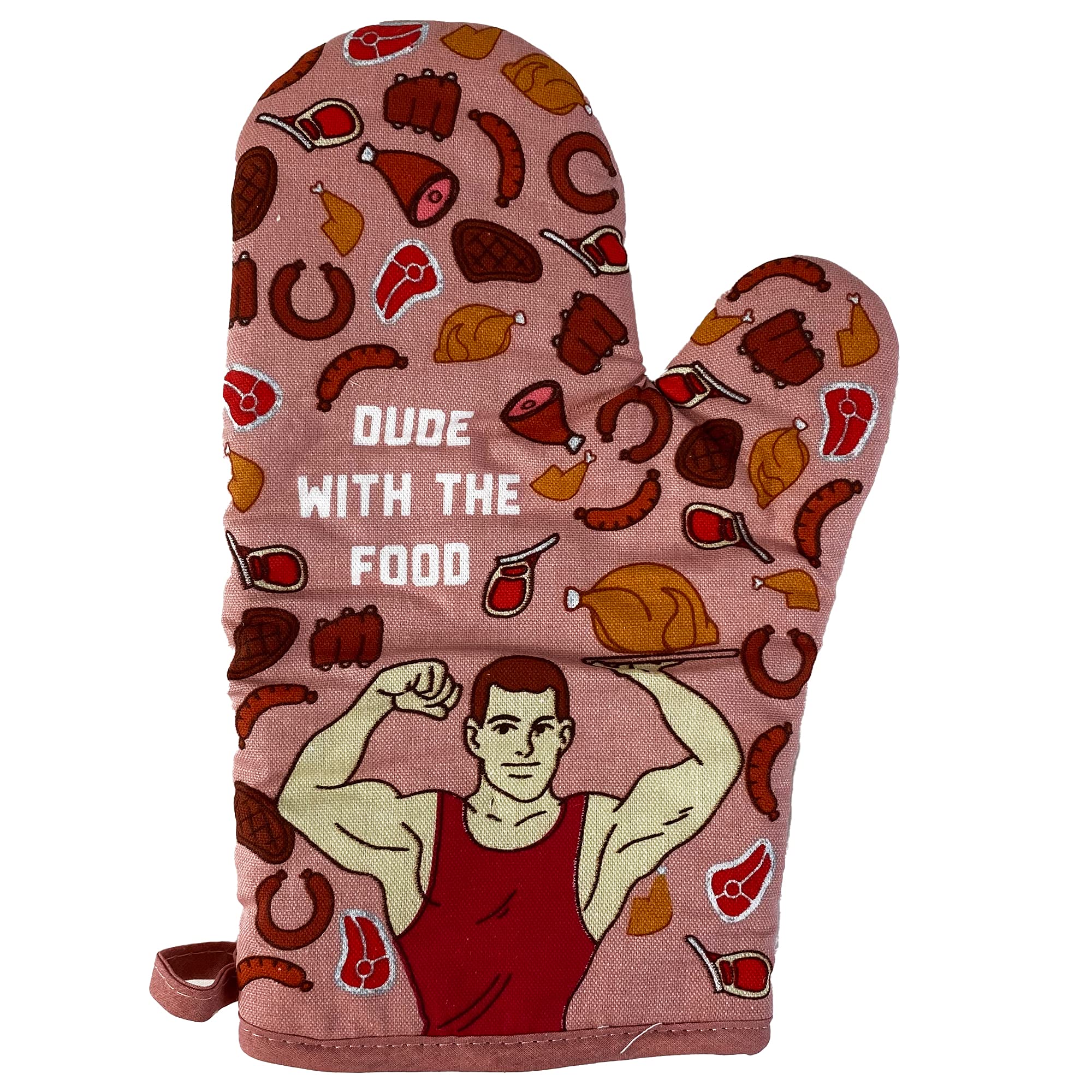 Dude with The Food Oven Mitt Funny Meat Chef BBQ Protein Graphic Kitchen Glove Funny Graphic Kitchenwear Fitness Funny Food Novelty Cookware Pink Oven Mitt