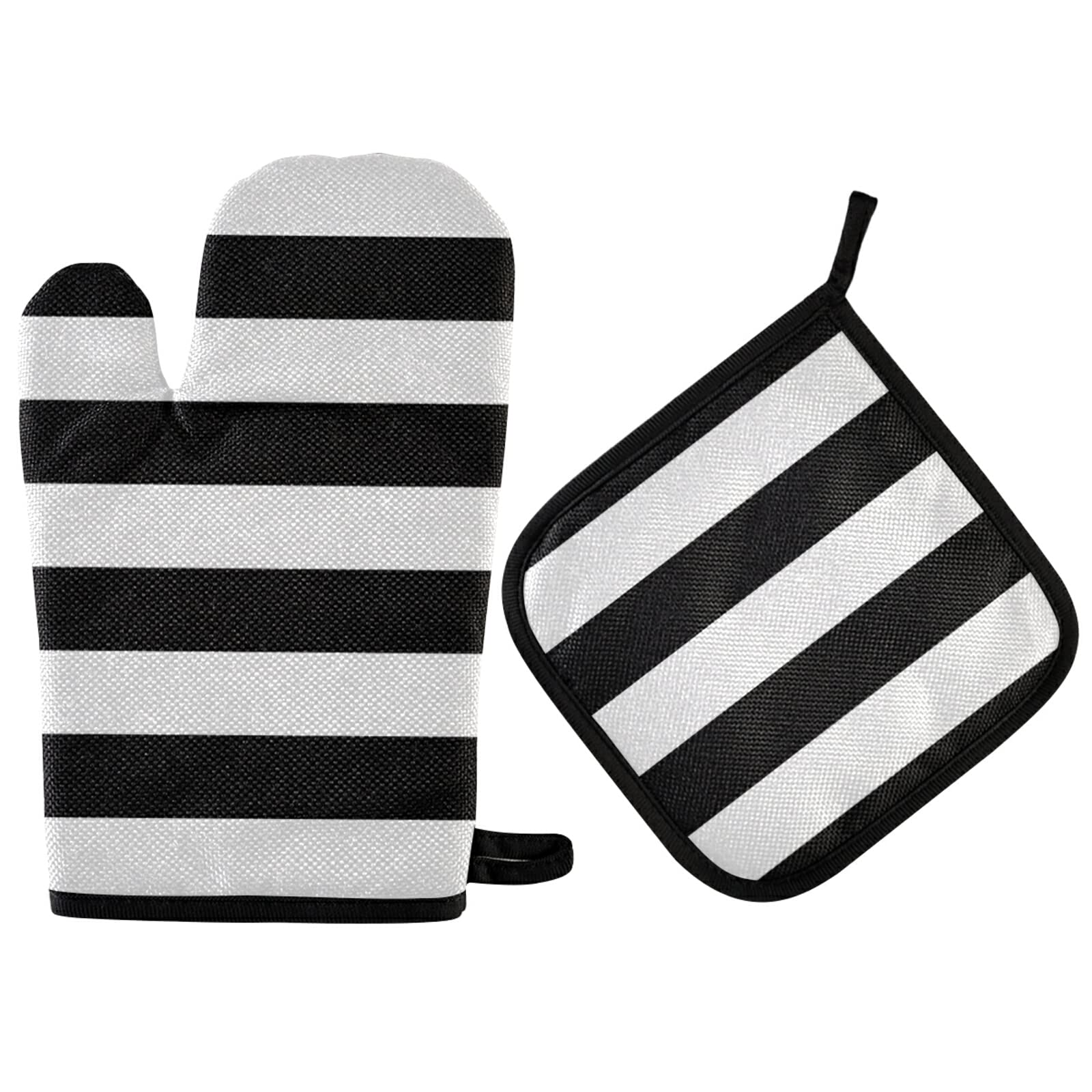 susiyo Classic Black and White Striped Oven Mitts and Potholders 2-Piece Set Non-Slip Washable Cooking Gloves for Hot Plate Baking Kitchen Dining Grilling BBQ