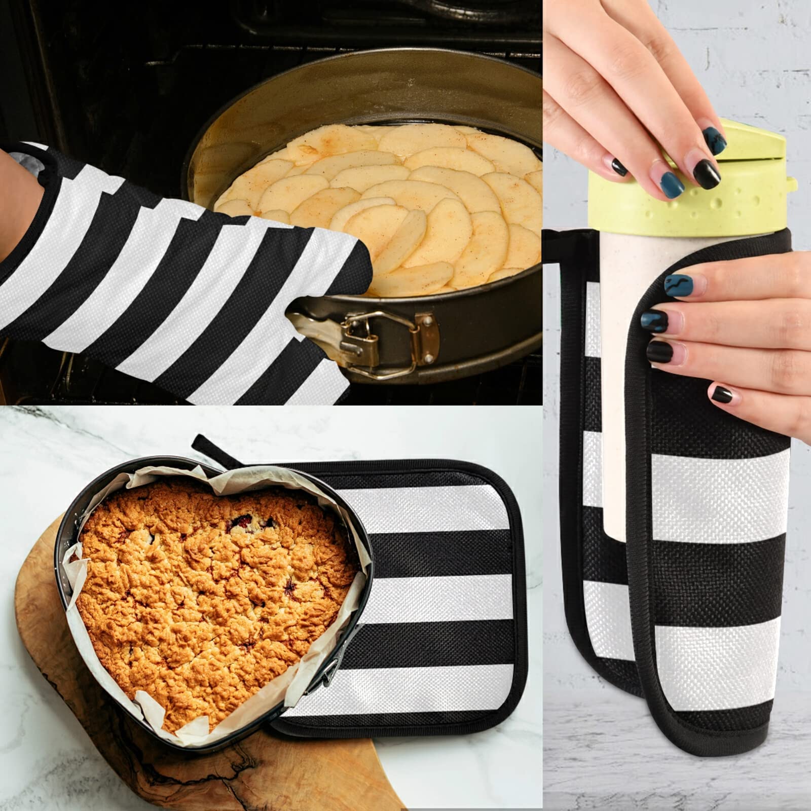 susiyo Classic Black and White Striped Oven Mitts and Potholders 2-Piece Set Non-Slip Washable Cooking Gloves for Hot Plate Baking Kitchen Dining Grilling BBQ