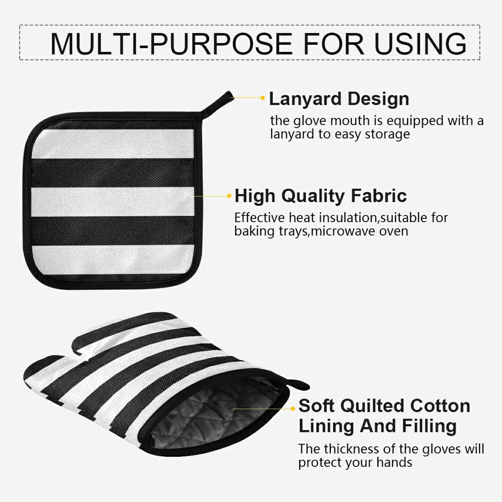 susiyo Classic Black and White Striped Oven Mitts and Potholders 2-Piece Set Non-Slip Washable Cooking Gloves for Hot Plate Baking Kitchen Dining Grilling BBQ