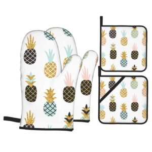 abstract tropical fruit pineapple oven mitts and pot holders sets of 4,non-slip heat resistant oven gloves for baking cooking grilling bbq