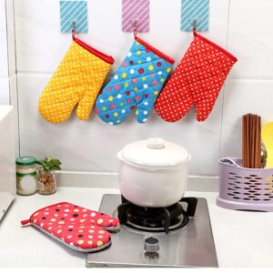 Dsxnklnd Thicken Heat Resistant Kitchen Oven Mitts Colorful Polka Dot Print Padded Cotton Gloves for BBQ Cooking Baking Microwave (Blue)