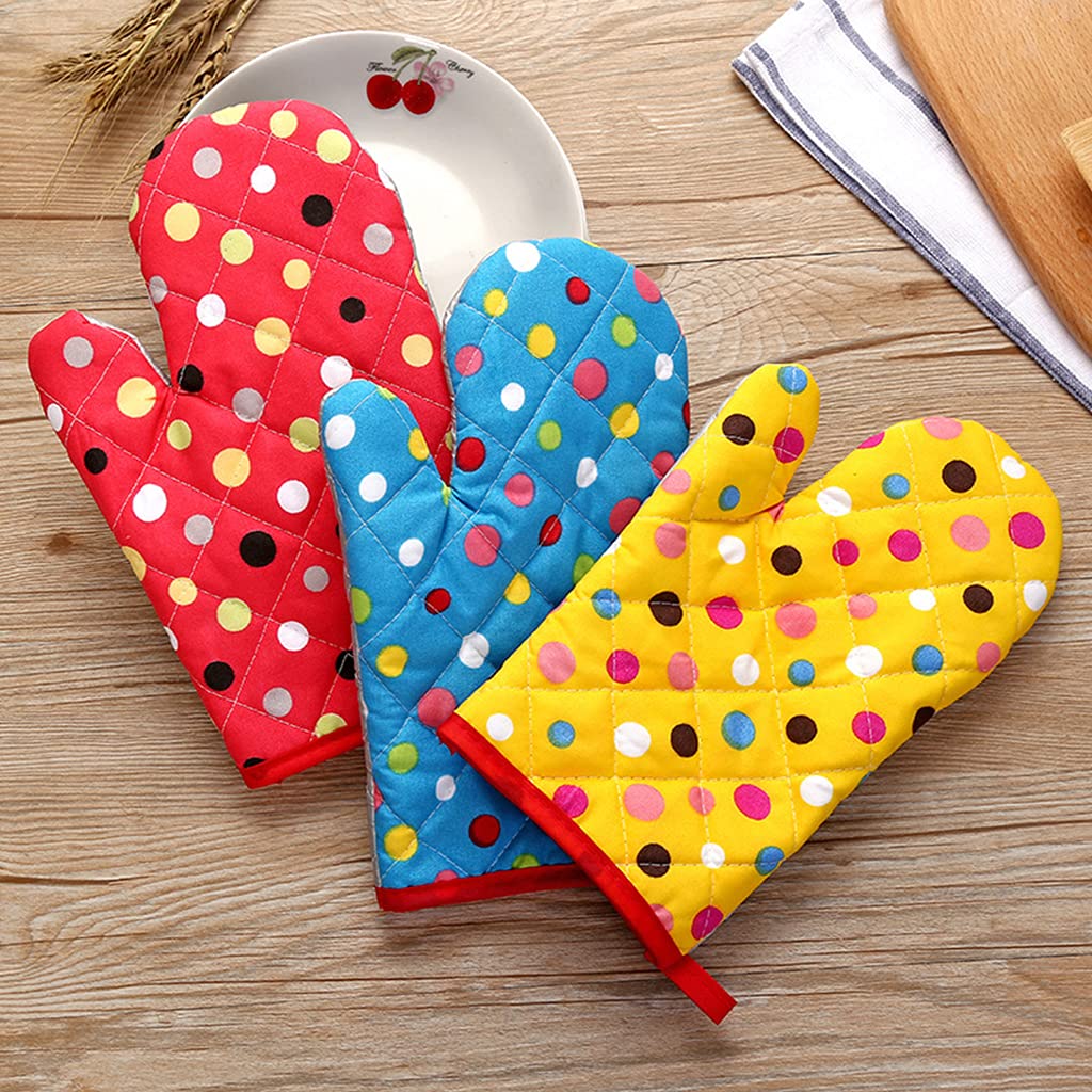 Dsxnklnd Thicken Heat Resistant Kitchen Oven Mitts Colorful Polka Dot Print Padded Cotton Gloves for BBQ Cooking Baking Microwave (Blue)