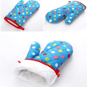 Dsxnklnd Thicken Heat Resistant Kitchen Oven Mitts Colorful Polka Dot Print Padded Cotton Gloves for BBQ Cooking Baking Microwave (Blue)