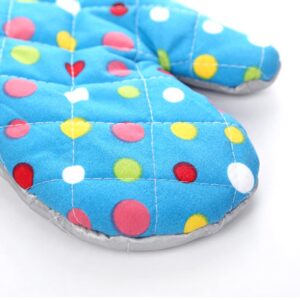 Dsxnklnd Thicken Heat Resistant Kitchen Oven Mitts Colorful Polka Dot Print Padded Cotton Gloves for BBQ Cooking Baking Microwave (Blue)