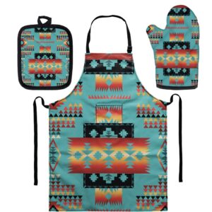 glenlcwe southwest navajo print 3pcs pot kitchen aprons set,bohemian aztec oven gloves oven mitts pot holder set washable&heat resistant