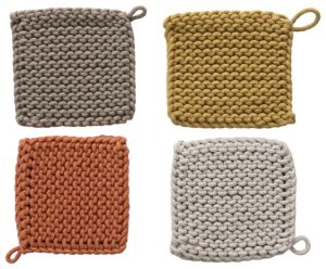 creative co-op square cotton crocheted potholders/hot pads (set of 4 colors) pot holders, multicolor, 4 count