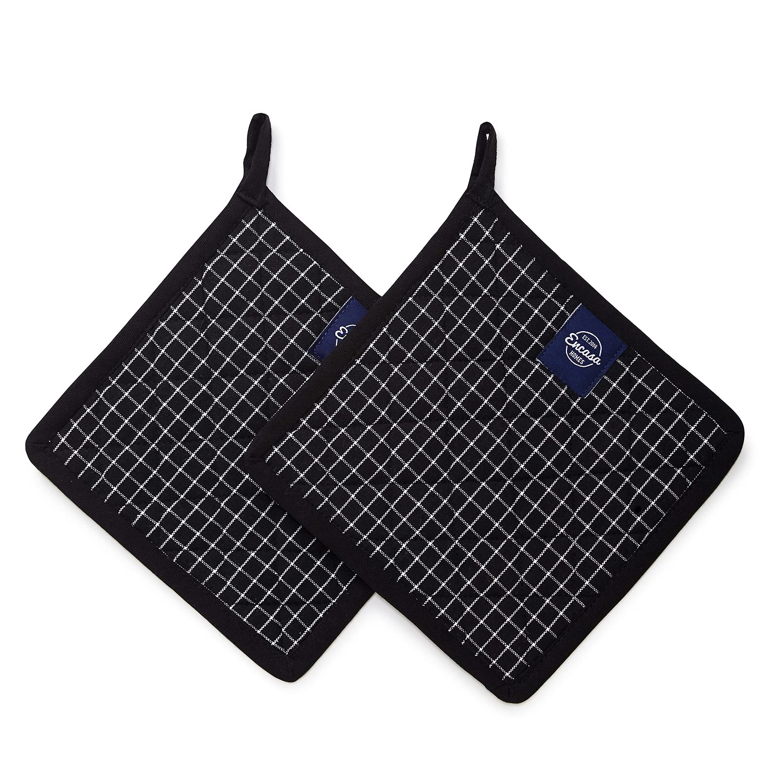 Encasa Homes 8 inches Oven Microwave Potholders (2 pc Set) for Kitchen Cooking & Baking - Heat Resistant, Thick & Safe, Protection of Hands from Hot Utensils - Butcher Checks Black