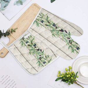 oven mitts, retro farmhouse anti-skid cooking gloves for bbq, microwave, baking, grilling, thermal insulation hot pads potholders for handling hot cookware green leaves and olives wooden grain