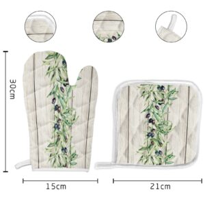 Oven Mitts, Retro Farmhouse Anti-Skid Cooking Gloves for BBQ, Microwave, Baking, Grilling, Thermal insulation Hot Pads Potholders for Handling Hot Cookware Green Leaves and Olives Wooden Grain