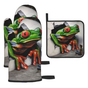 animal 3d frog funny oven mitts pot holders set non-slip cooking kitchen gloves washable heat resistant oven gloves for microwave bbq baking grilling