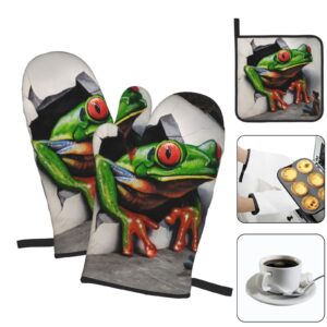 Animal 3D Frog Funny Oven Mitts Pot Holders Set Non-Slip Cooking Kitchen Gloves Washable Heat Resistant Oven Gloves for Microwave BBQ Baking Grilling