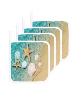 4 pack pot holders heat insulation hot pads, ocean starfish coastal shell washable oven pot holder set for kitchen summer sea beach potholders for baking cooking dining table