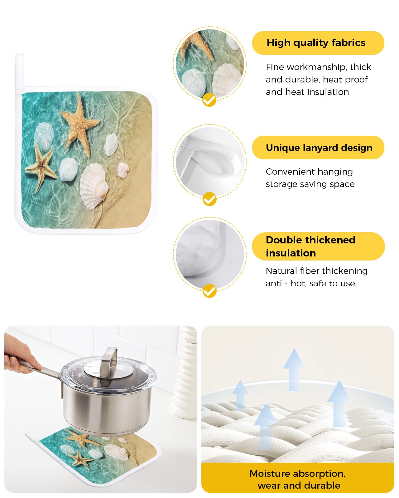 4 Pack Pot Holders Heat Insulation Hot Pads, Ocean Starfish Coastal Shell Washable Oven Pot Holder Set for Kitchen Summer Sea Beach Potholders for Baking Cooking Dining Table