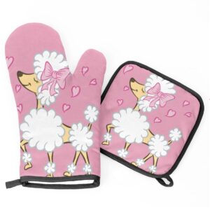 oven mitts and pot holders sets of 2, cute poodle puppy heat resistant non-slip oven gloves hot pads for microwave cooking baking grilling bbq decorative kitchen gift