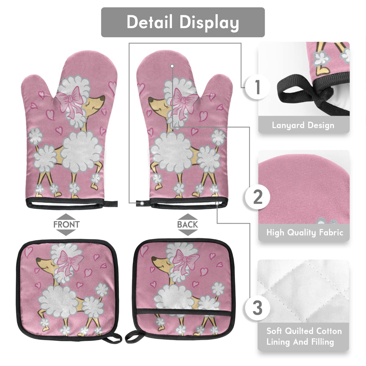 Oven Mitts and Pot Holders Sets of 2, Cute Poodle Puppy Heat Resistant Non-Slip Oven Gloves Hot Pads for Microwave Cooking Baking Grilling BBQ Decorative Kitchen Gift