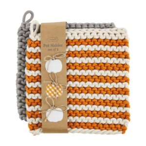 mud pie crochet pot holder set, orange 8" x 8"