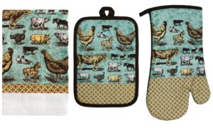 oven mitt and potholder kitchen set | 3 piece vintage farm animals kitchen accessory | perfect for home and professional use | hands protection waterproof oven glove, potholder and tea towel