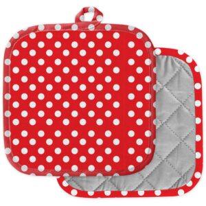 [pack of 2] pot holders for kitchen, washable heat resistant pot holders, hot pads, trivet for cooking and baking ( white polka dot red )