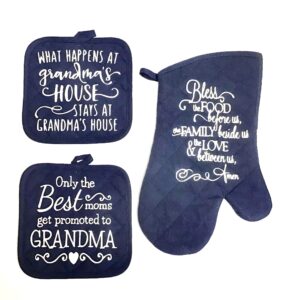 3 - piece grandma gift set - 2 - pot holders - 1 - oven mitt - hot pads kitchen decor - grandmother - baking navy blue