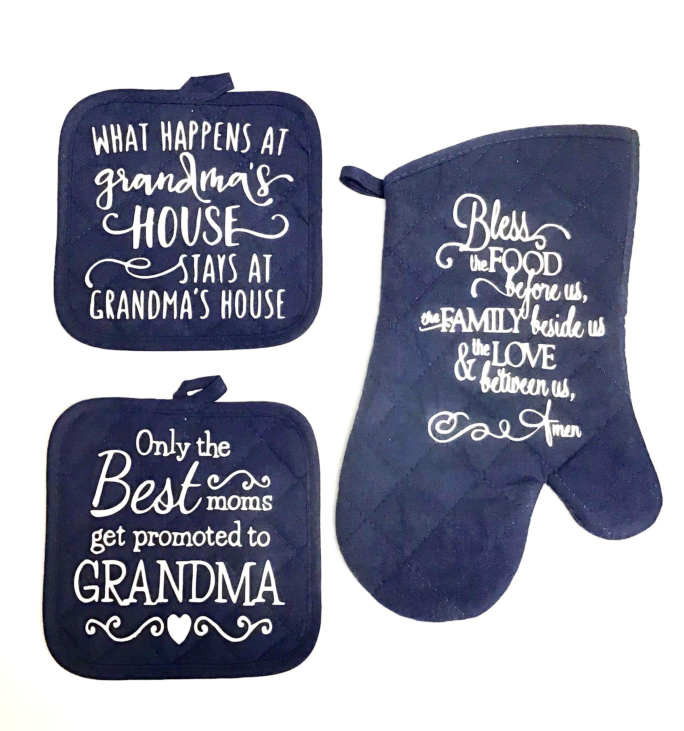 3 - Piece Grandma Gift Set - 2 - Pot Holders - 1 - Oven Mitt - Hot Pads Kitchen Decor - Grandmother - Baking Navy Blue