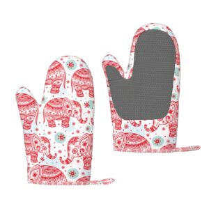oven mitts heat resistant silicone and polyester indian lotus ethnic elephant print kitchen mitts thick oven gloves for cooking, bbq, baking, grill, pizza pair