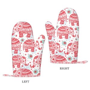 Oven Mitts Heat Resistant Silicone and Polyester Indian Lotus Ethnic Elephant Print Kitchen Mitts Thick Oven Gloves for Cooking, BBQ, Baking, Grill, Pizza Pair