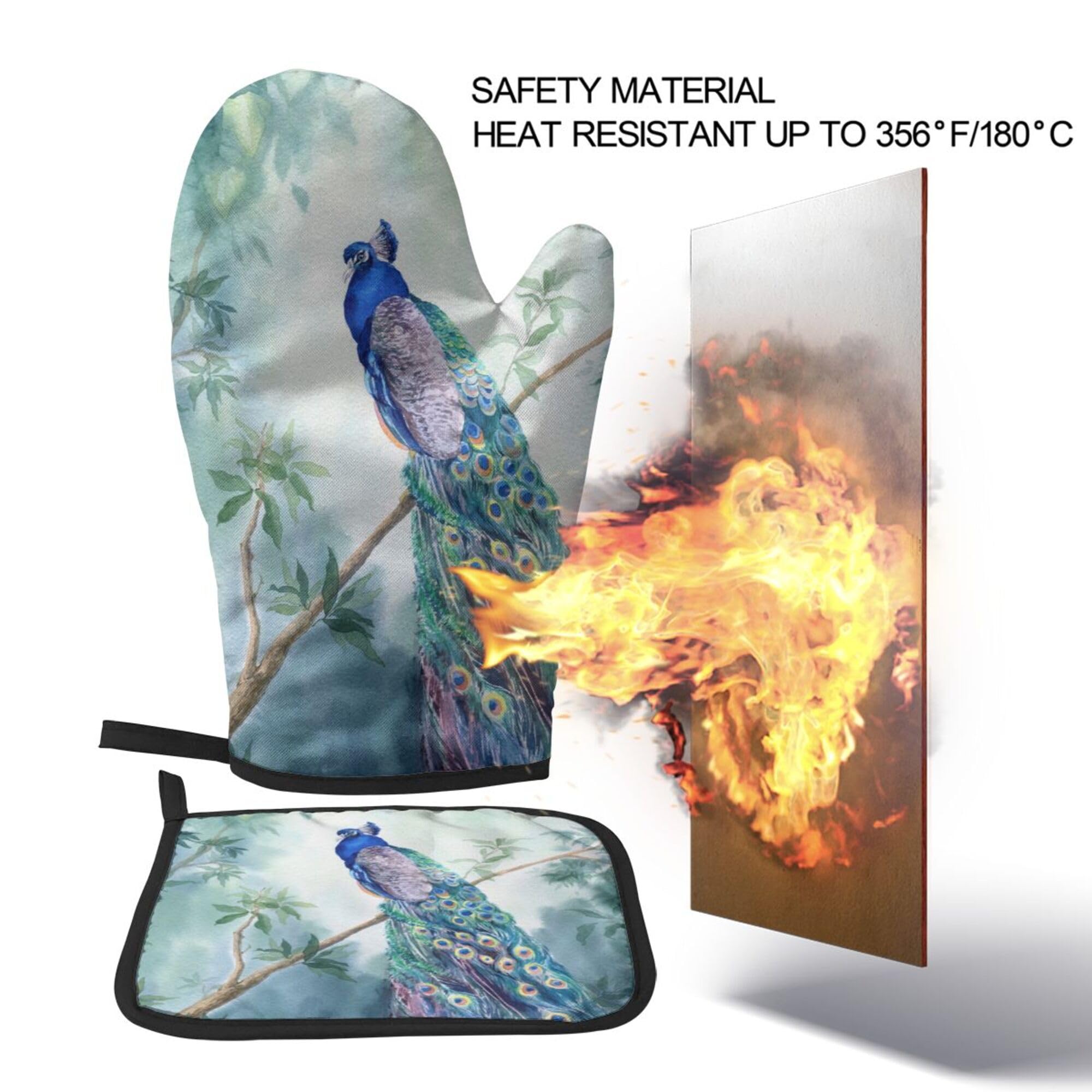 Dujiea Home Kitchen Oven Mitts and Potholders Set, Beautiful Peacock Heat Resistant Waterproof Non Slip BBQ Gloves Hot Pad Set for Baking Cooking Grilling