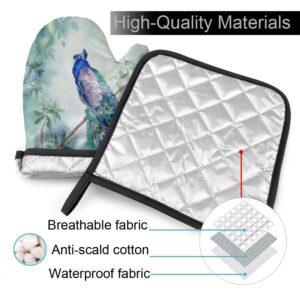 Dujiea Home Kitchen Oven Mitts and Potholders Set, Beautiful Peacock Heat Resistant Waterproof Non Slip BBQ Gloves Hot Pad Set for Baking Cooking Grilling