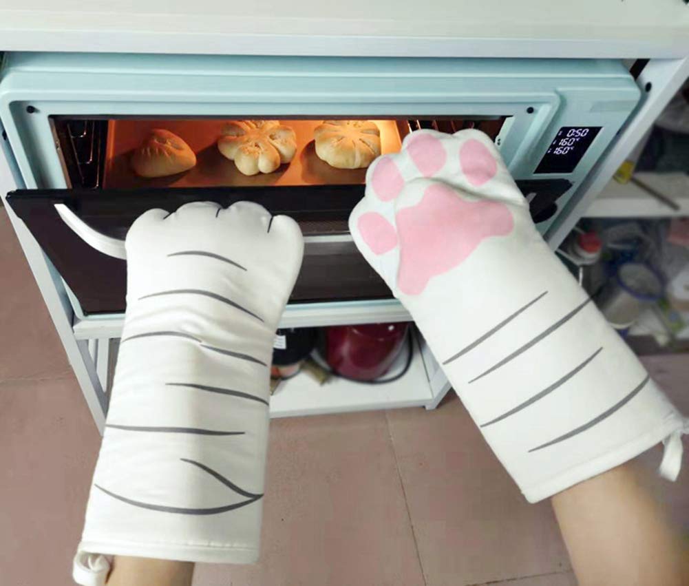 MIZZLES Oven Mitts Gloves Kitten, Quilted Cotton Lining- Cat Paw Design Heat Resistant Pot Holder Gloves for Grilling & Baking Gloves BBQ, Microwave (Cat Paw)