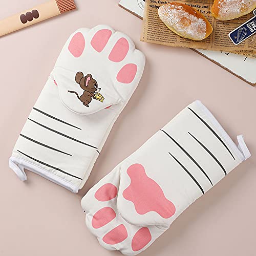 MIZZLES Oven Mitts Gloves Kitten, Quilted Cotton Lining- Cat Paw Design Heat Resistant Pot Holder Gloves for Grilling & Baking Gloves BBQ, Microwave (Cat Paw)