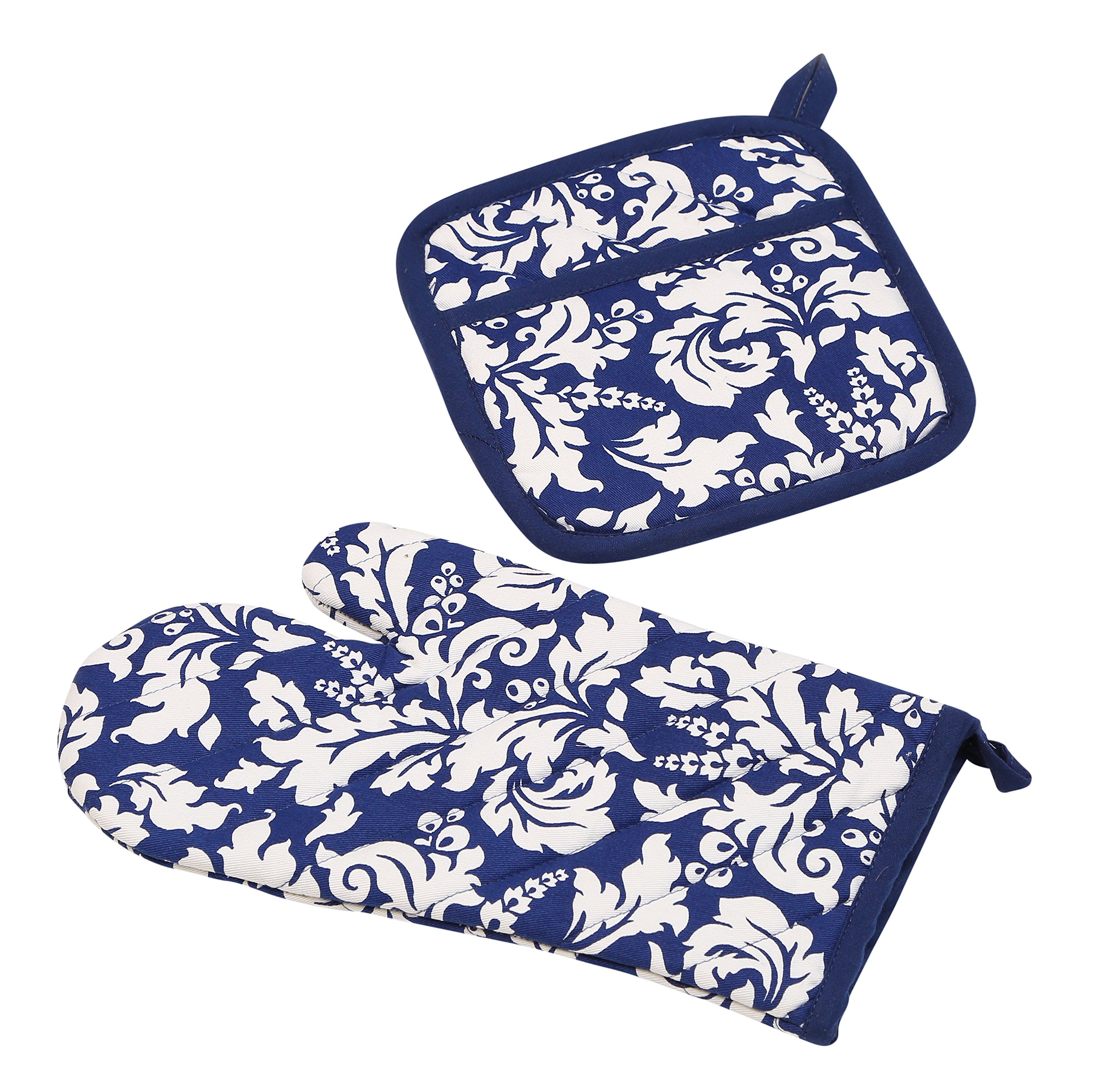 Yourtablecloth Set of Oven Mitt and Pot Holder or Oven Gloves-100% Cotton, High Heat Resistance, Superior Protection & Comfort–Elegant Design-Machine Washable-Nautical Blue