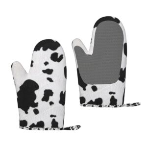 pattern of dairy cow skin heat and slip resistant silicone oven mitts, soft cotton lining, waterproof, long flexible thick gloves for cooking
