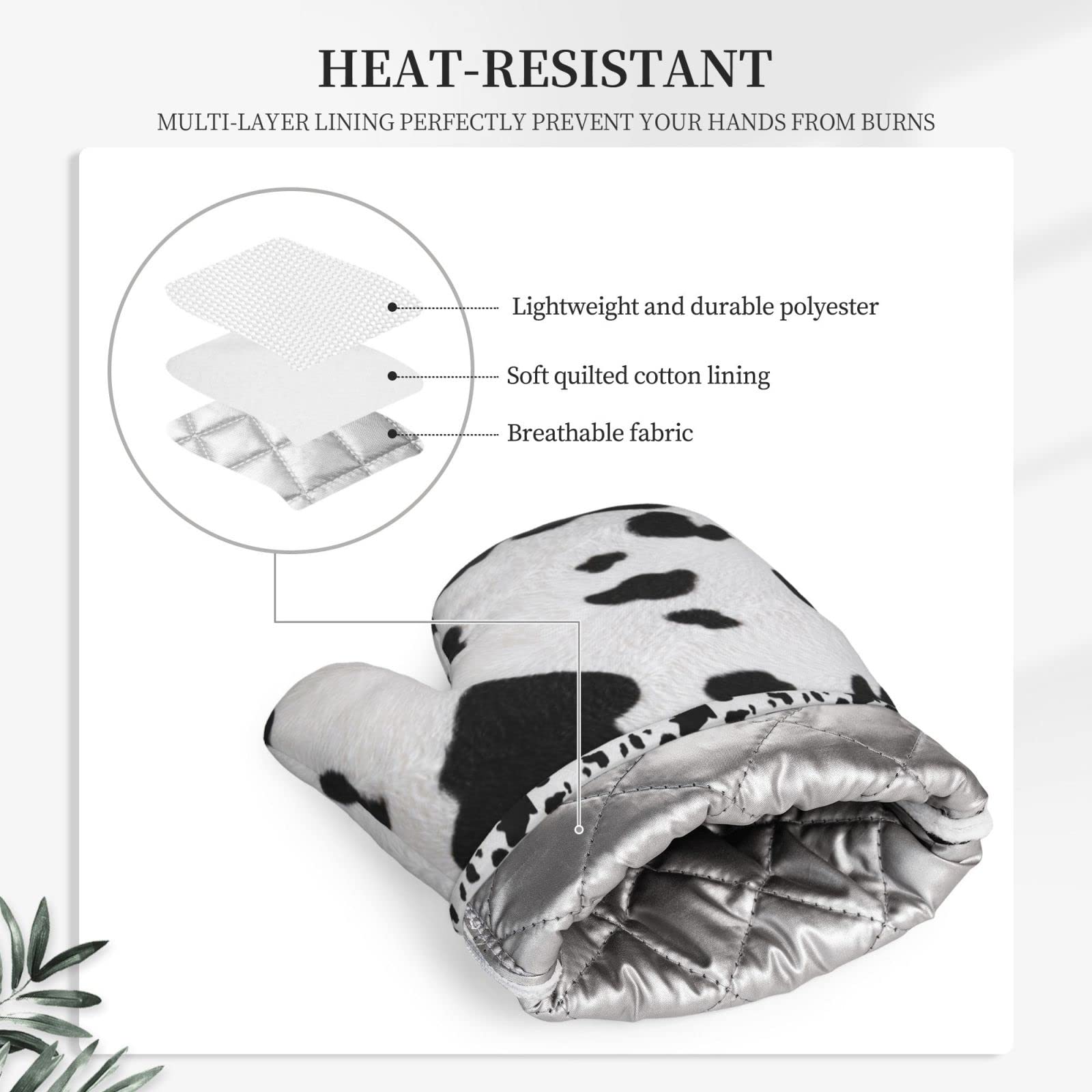 Pattern of Dairy Cow Skin Heat and Slip Resistant Silicone Oven Mitts, Soft Cotton Lining, Waterproof, Long Flexible Thick Gloves for Cooking