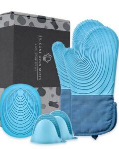 euna silicone oven mitts, heat resistant oven mitts and pot holders sets, non-slip kitchen mittens with mini oven gloves and hot pads, perfect for baking cooking, quilted liner, gift box, blue & azure