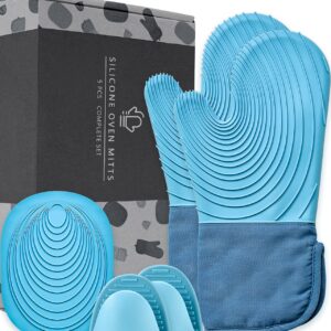 EUNA Silicone Oven Mitts, Heat Resistant Oven Mitts and Pot Holders Sets, Non-Slip Kitchen Mittens with Mini Oven Gloves and Hot Pads, Perfect for Baking Cooking, Quilted Liner, Gift Box, Blue & Azure