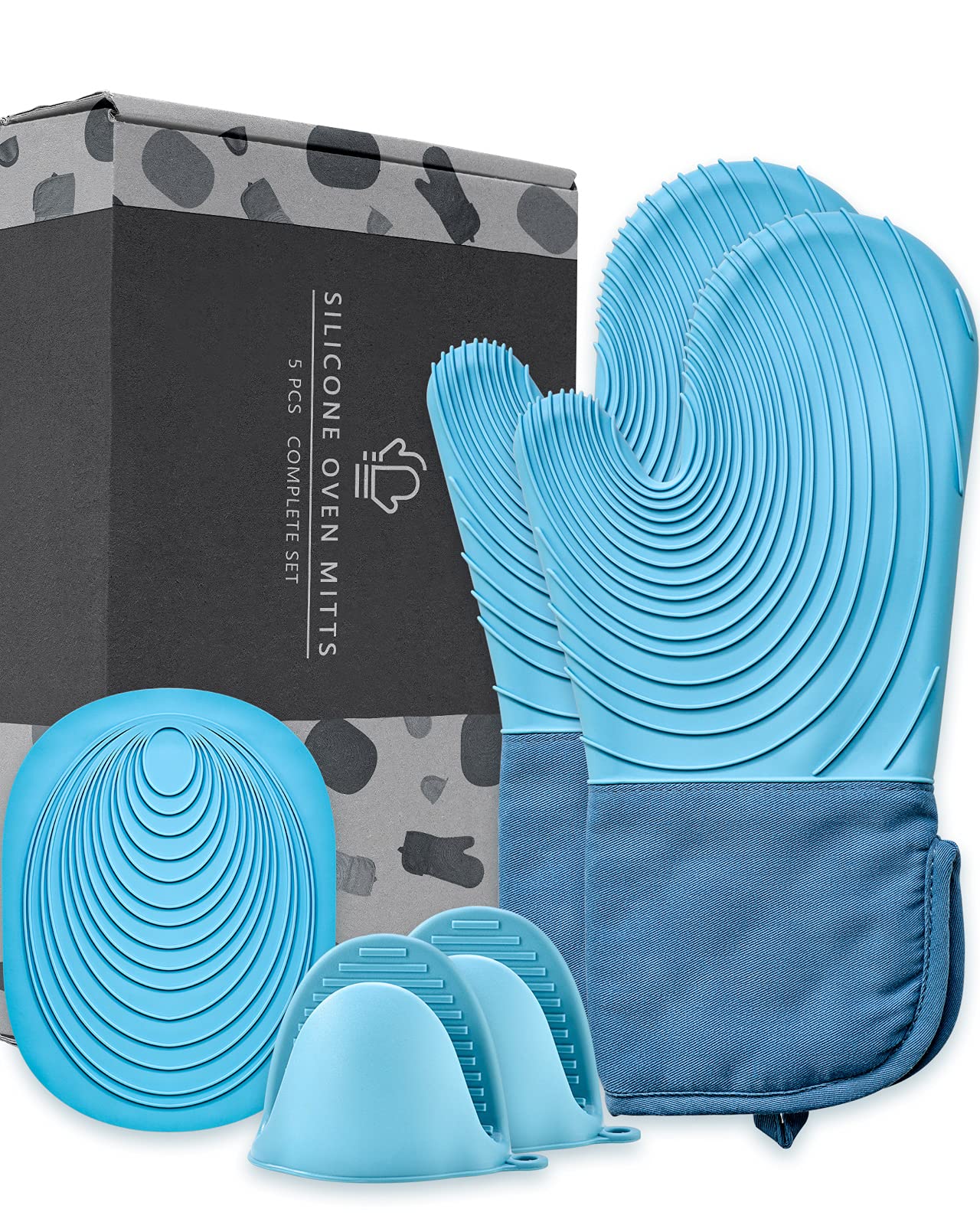 EUNA Silicone Oven Mitts, Heat Resistant Oven Mitts and Pot Holders Sets, Non-Slip Kitchen Mittens with Mini Oven Gloves and Hot Pads, Perfect for Baking Cooking, Quilted Liner, Gift Box, Blue & Azure