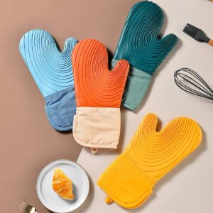 EUNA Silicone Oven Mitts, Heat Resistant Oven Mitts and Pot Holders Sets, Non-Slip Kitchen Mittens with Mini Oven Gloves and Hot Pads, Perfect for Baking Cooking, Quilted Liner, Gift Box, Blue & Azure